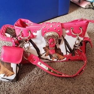 Pink and white camo purse